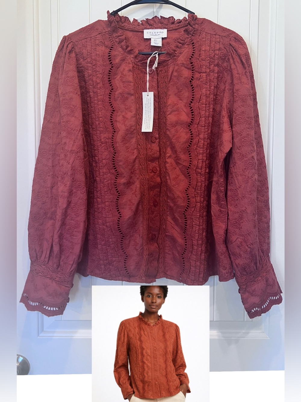 Calypso NWT Rust Lace Eyelet Embroidered 100% Cotton Button-Up Blouse Sz Large